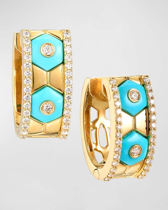 18k Yellow Gold Baia Turquoise & Diamond Huggie Earrings